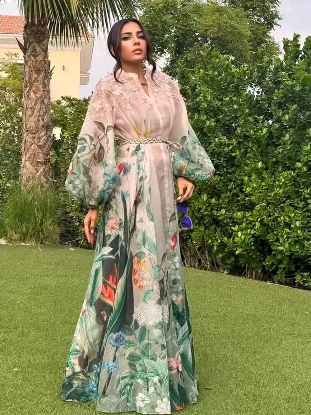 Zimmermann Green and Cream Floral Silk Maxi Dress with inner dress | pockets